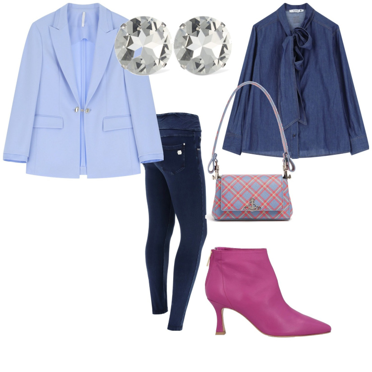 Outfit donna - Di luce propria. per Ufficio. Abbinamento con stivaletti, camicie, blazer, jeans skinny, orecchini, borse a spalla.