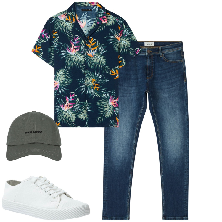 Outfit uomo - La camicia floreale. Stile Casual per Tutti i giorni. Abbinamento con jeans skinny, camicie a manica corta, sneakers, cappelli con visiera.