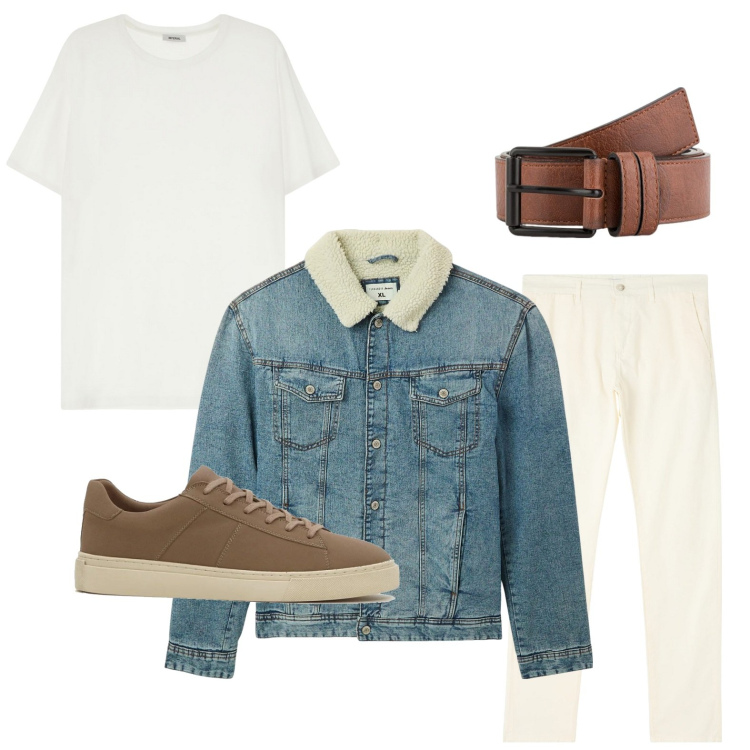 Outfit uomo - Denim a primavera. Stile Trendy per Tutti i giorni. Abbinamento con sneakers, pantaloni chino, giacche, t-shirt, cinture.