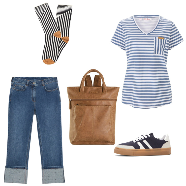 Outfit donna - Viva le righe. Stile Casual per Tutti i giorni. Abbinamento con calzini, zaini, sneakers, t-shirt, jeans.