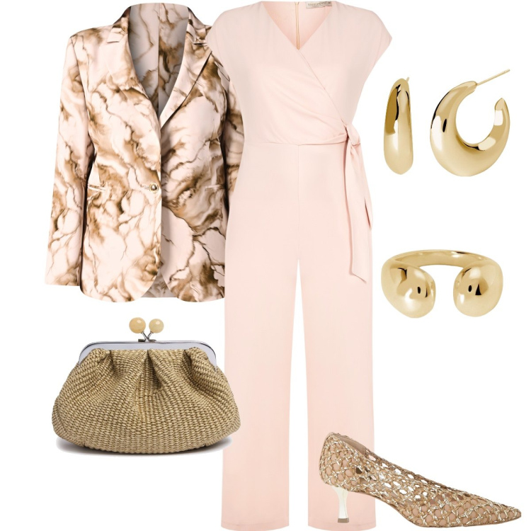 Outfit donna - Gold e pink. Stile Romantica per Cerimonia. Abbinamento con décolleté, orecchini, anelli, tute, blazer, pochette.