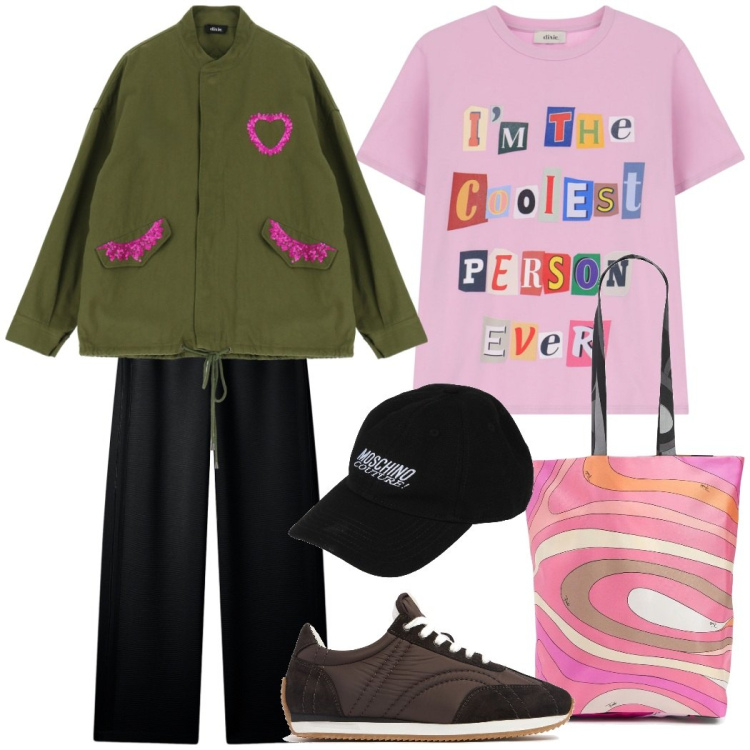 Outfit donna - Gioco di contrasti. Stile Casual chic per Tutti i giorni. Abbinamento con cappelli con visiera, pantaloni, t-shirt, cappotti, sneakers, shopping bag.