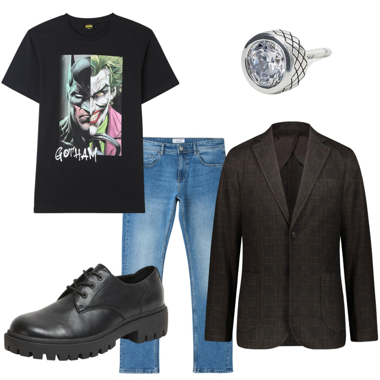 Outfit uomo - Versione night. Stile Trendy per Serata speciale. Abbinamento con scarpe stringate, jeans dritti, t-shirt, orecchini, giacche.