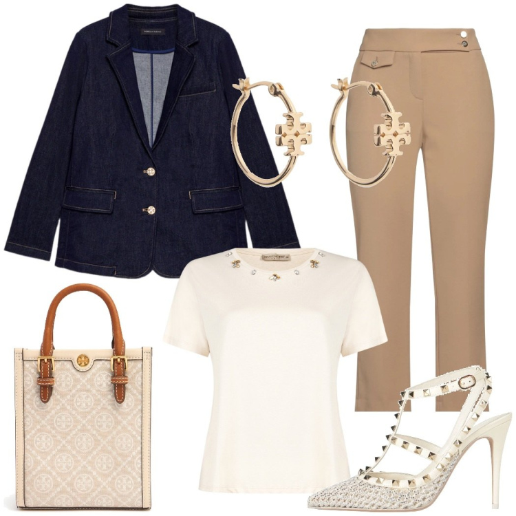 Outfit donna - Elegante denim coi toni neutri. Stile Chic per Tutti i giorni. Abbinamento con pantaloni, décolleté, t-shirt, blazer, shopping bag, orecchini.