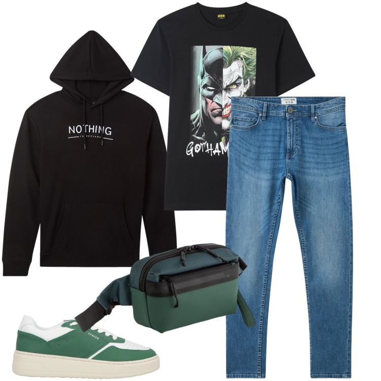 Outfit uomo - Alla fiera dei fumetti. Stile Casual per Tutti i giorni. Abbinamento con sneakers, jeans skinny, t-shirt, felpe con cappuccio, borse sportive.