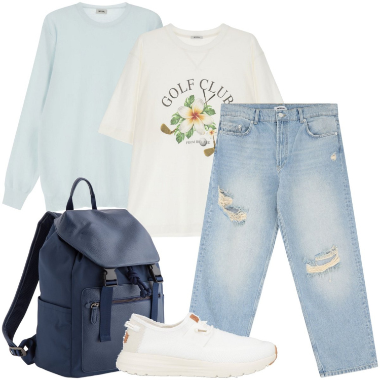 Outfit uomo - Casual con Imperial. Stile Urban per Tutti i giorni. Abbinamento con sneakers, maglieria, t-shirt, jeans strappati, borse sportive.