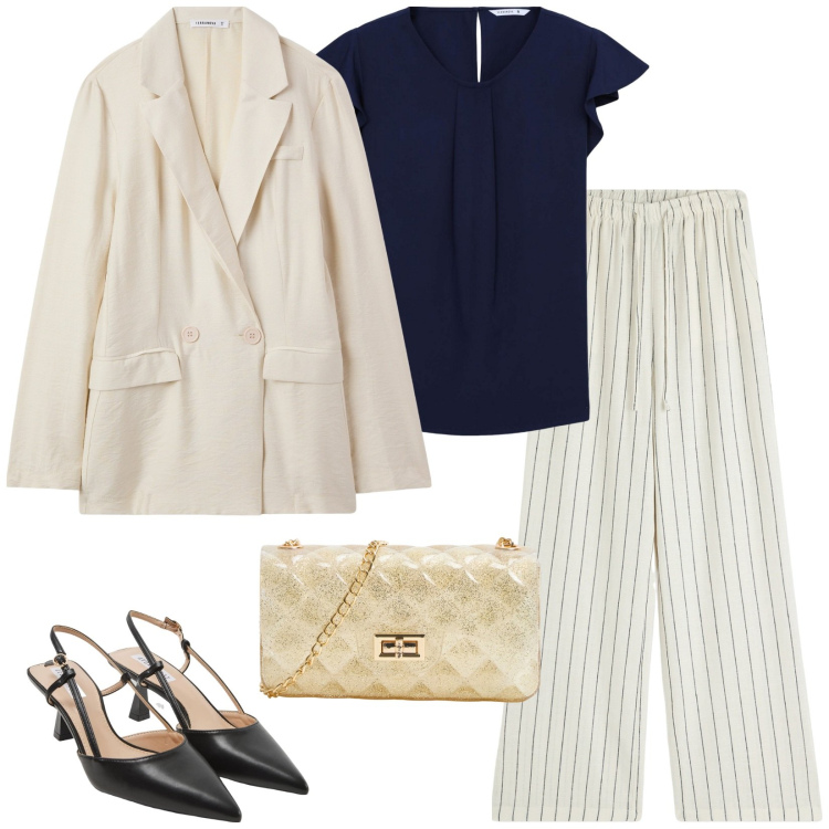 Outfit donna - Una cerimonia mattutina. Stile Casual chic per Cerimonia. Abbinamento con pantaloni, blazer, sabot, borse a tracolla, bluse.