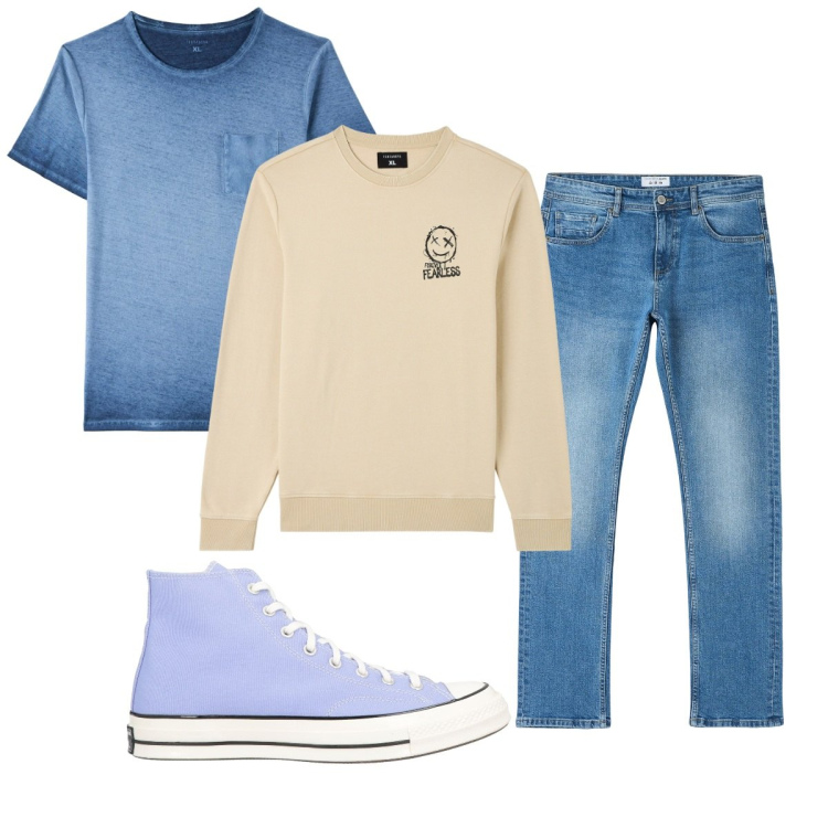 Outfit uomo - Total look #2106705. Stile Casual per Tutti i giorni. Abbinamento con sneakers alte, t-shirt, felpe, jeans dritti.