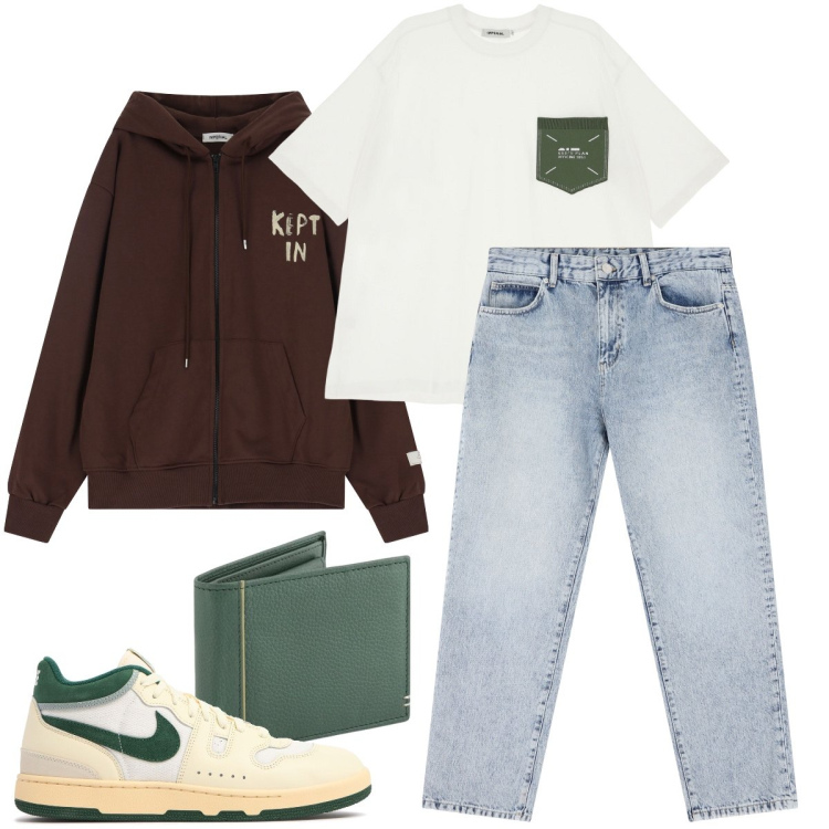 Outfit uomo - Dettagli verdi. Stile Urban per Tutti i giorni. Abbinamento con t-shirt, jeans dritti, felpe con cappuccio, sneakers, portafogli.