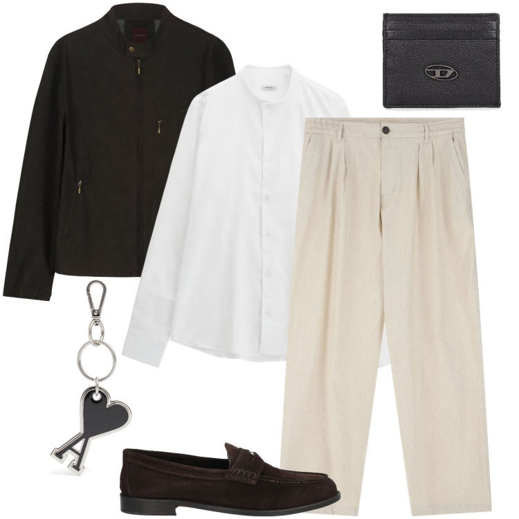 Outfit uomo - Elegante in ufficio. Stile Business/Elegante per Ufficio. Abbinamento con scarpe stringate, pantaloni, camicie, giacche, portachiavi, portafogli.