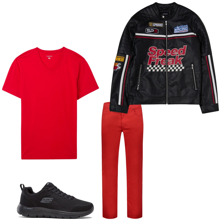 Outfit uomo - Biker red. Stile Biker Rock per Tutti i giorni. Abbinamento con sneakers, giacche, t-shirt, pantaloni.