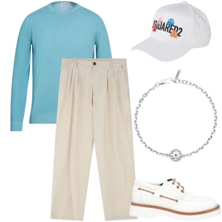 Outfit uomo - Giornata frizzante. Stile Trendy per Tutti i giorni. Abbinamento con pullovers, scarpe stringate, cappelli con visiera, braccialetti, pantaloni.
