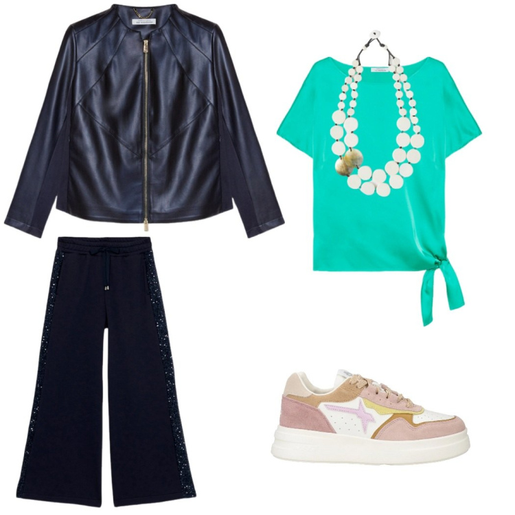 Outfit donna - Relax. Stile Casual chic per Ufficio. Abbinamento con sneakers, bluse, pantaloni a palazzo, blazer, ciondoli.