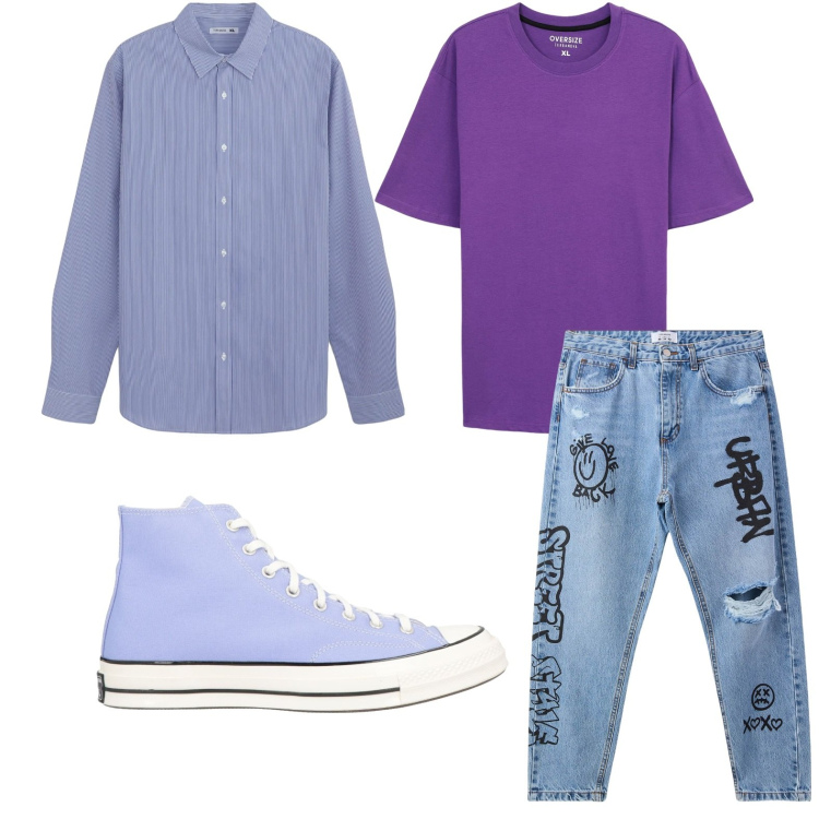 Outfit uomo - Viola day. Stile Trendy per Tutti i giorni. Abbinamento con sneakers alte, camicie, jeans strappati, t-shirt.