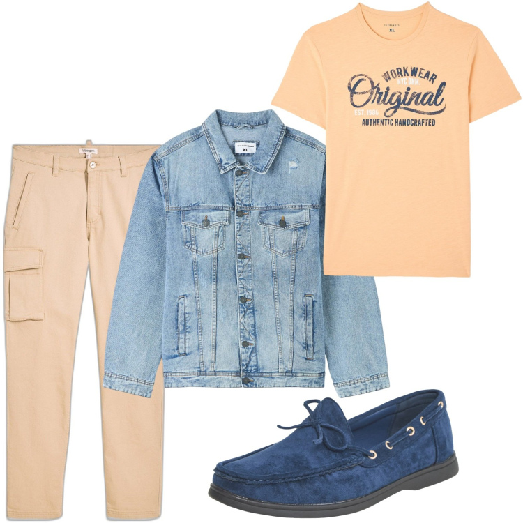 Outfit uomo - Toni aranciati. Stile Casual per Tutti i giorni. Abbinamento con pantaloni cargo, giacche, t-shirt, scarpe stringate.
