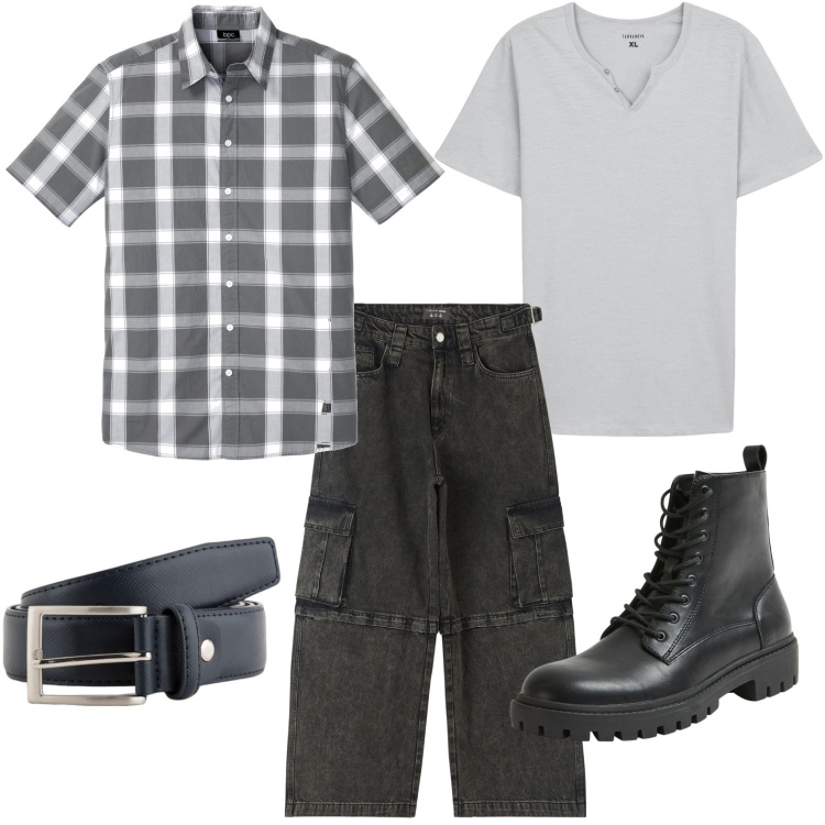 Outfit uomo - Questione di quadri. Stile Casual per Tutti i giorni. Abbinamento con camicie a manica corta, jeans, anfibi, t-shirt, cinture.