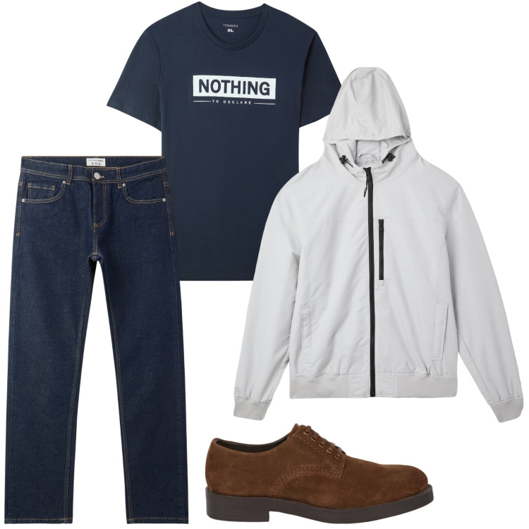 Outfit uomo - Passione per il denim. Stile Casual per Tutti i giorni. Abbinamento con jeans, giacche, t-shirt, scarpe stringate.