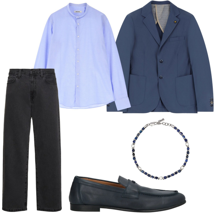 Outfit uomo - Il blazer blu classico. Stile Casual per Tutti i giorni. Abbinamento con scarpe stringate, braccialetti, camicie, giacche, pantaloni.