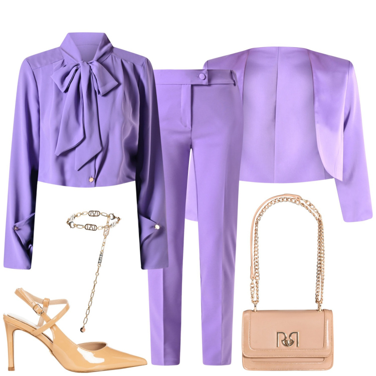 Outfit donna - Cerimonia in lavanda. Stile Chic per Cerimonia. Abbinamento con bluse, pantaloni, bolero, borse a tracolla, décolleté, cinture.