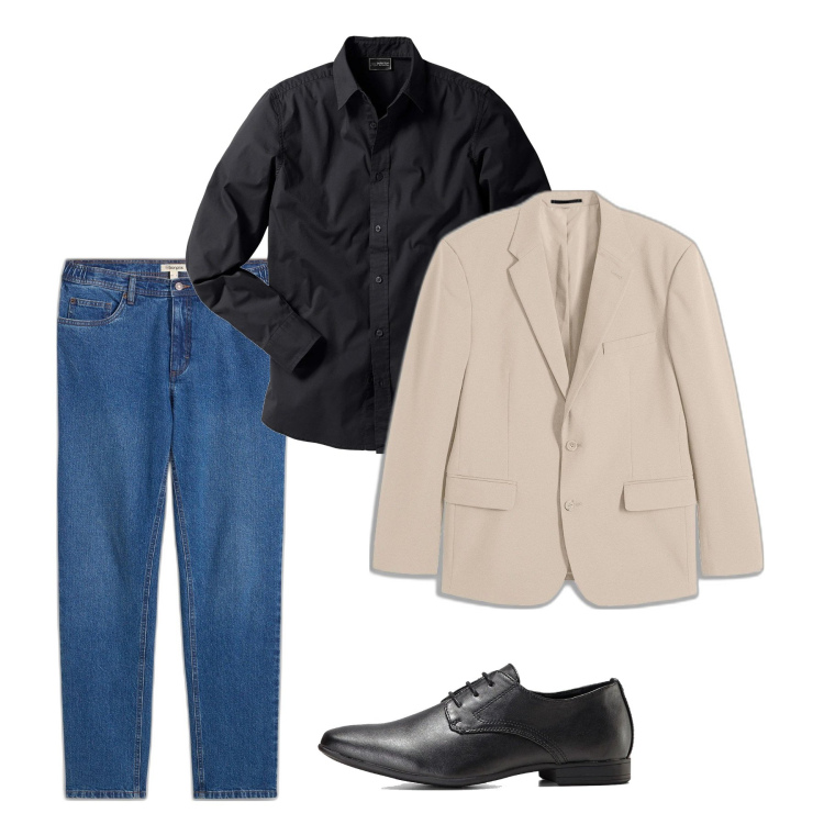 Outfit uomo - Aprile. Stile Casual per Tutti i giorni. Abbinamento con scarpe stringate, camicie, giacche, jeans dritti.