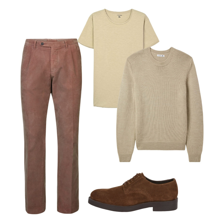 Outfit uomo - Aprile. Stile Casual per Tutti i giorni. Abbinamento con t-shirt, maglieria, pantaloni, scarpe stringate.
