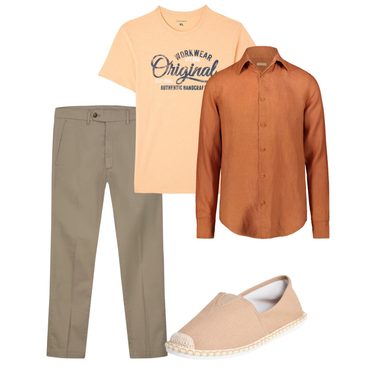 Outfit uomo - Total look. Stile Casual per Tutti i giorni. Abbinamento con t-shirt, espadrillas, pantaloni chino, camicie.