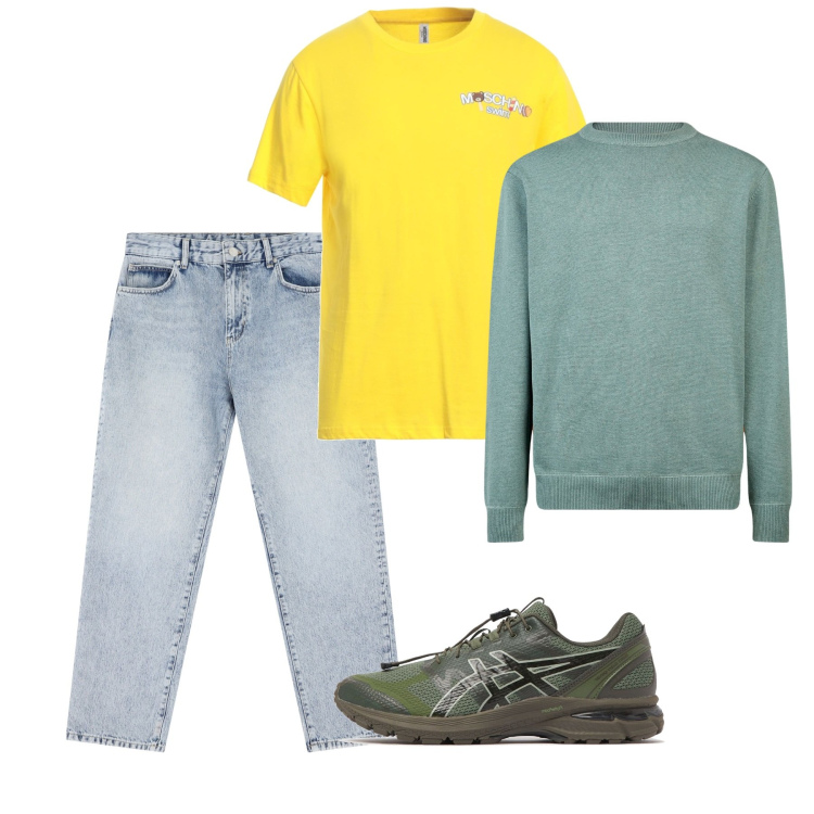 Outfit uomo - Aprile. Stile Casual per Tutti i giorni. Abbinamento con t-shirt, jeans dritti, maglieria, sneakers.