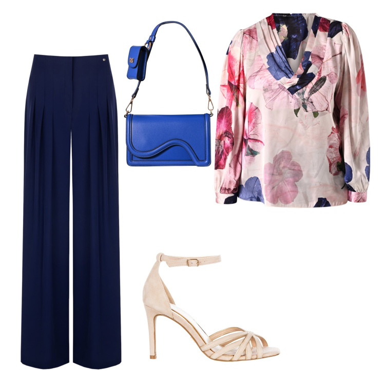 Outfit donna - Casualchic. Stile Casual chic per Cerimonia. Abbinamento con pantaloni a palazzo, sandali col tacco, bluse, pochette.