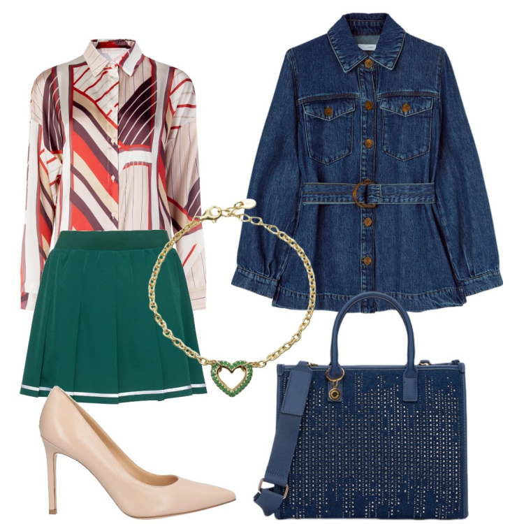 Outfit donna - Total look. Stile Trendy per Tutti i giorni. Abbinamento con décolleté, braccialetti, camicie, blazer, borse a mano, minigonne.