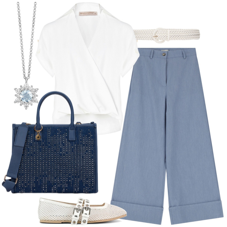 Outfit donna - Soft style. Stile Minimal per Tutti i giorni. Abbinamento con collane, bluse, pantaloni a palazzo, ballerine, borse a mano, cinture.