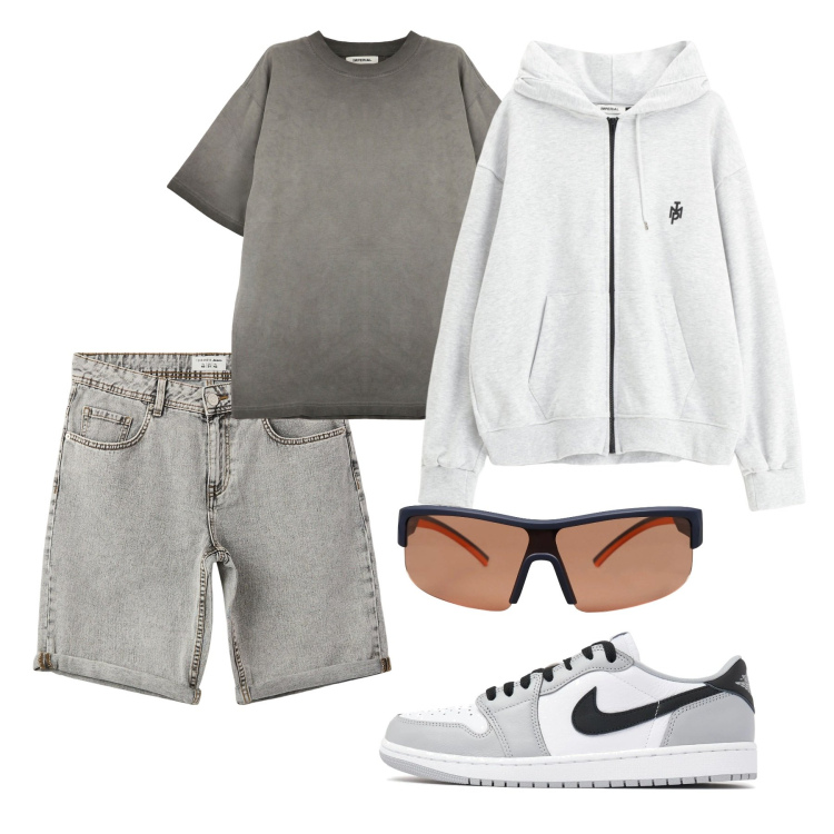 Outfit uomo - Il mare ad aprile. Stile Casual per Tutti i giorni. Abbinamento con occhiali da sole, bermuda, t-shirt, felpe con cappuccio, sneakers.
