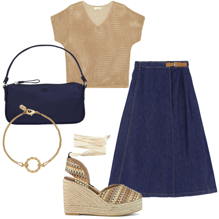 Outfit donna - Primavera in dark denim. Stile Casual per Tutti i giorni. Abbinamento con gonne lunghe, maglieria, pochette, braccialetti, zeppe.