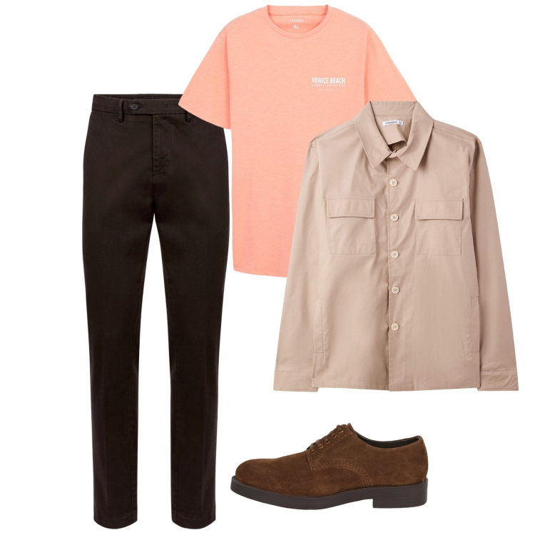 Outfit uomo - Nocciola e caffè. Stile Casual per Tutti i giorni. Abbinamento con cappotti, t-shirt, pantaloni chino, scarpe stringate.
