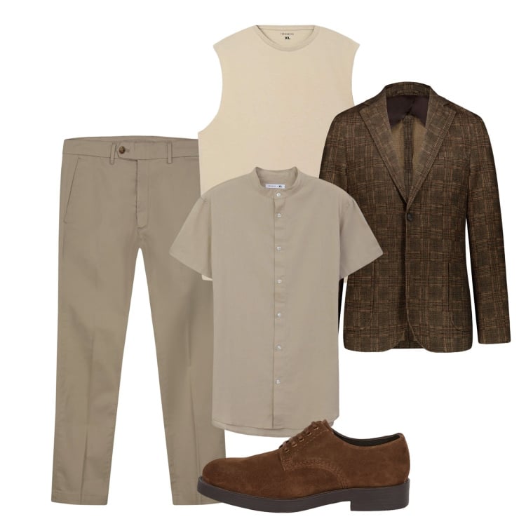 Outfit uomo - Aprile. Stile Casual per Tutti i giorni. Abbinamento con canottiere, camicie a manica corta, giacche, pantaloni chino, scarpe stringate.