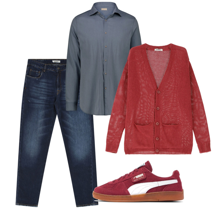 Outfit uomo - Aprile. Stile Casual per Tutti i giorni. Abbinamento con cardigans, jeans dritti, sneakers, camicie.
