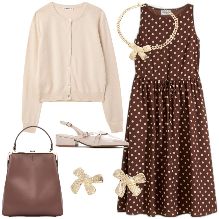 Outfit donna - Romantica in pois. Stile Romantica per Tutti i giorni. Abbinamento con décolleté, vestiti midi/longuette, cardigans, orecchini, collane, borse a spalla.