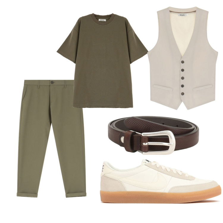 Outfit uomo - Pantalone verde e gilet. Stile Urban per Tutti i giorni. Abbinamento con pantaloni chino, cinture, t-shirt, gilet, sneakers.