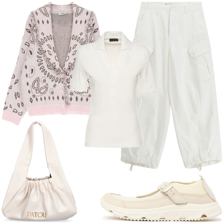 Outfit donna - Cardigan primaverile. Stile Casual per Tutti i giorni. Abbinamento con pantaloni, cardigans, polo, borse a spalla, sneakers.