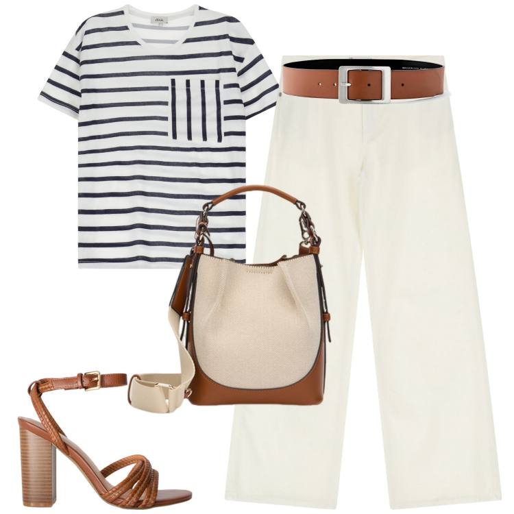 Outfit donna - Weekend vibes. Stile Casual chic per Tutti i giorni. Abbinamento con cinture, pantaloni, t-shirt, borse a mano, sandali col tacco.
