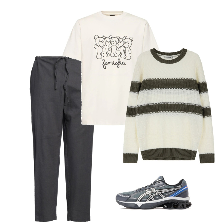 Outfit uomo - Aprile. Stile Trendy per Tutti i giorni. Abbinamento con pantaloni, maglieria, t-shirt, sneakers.