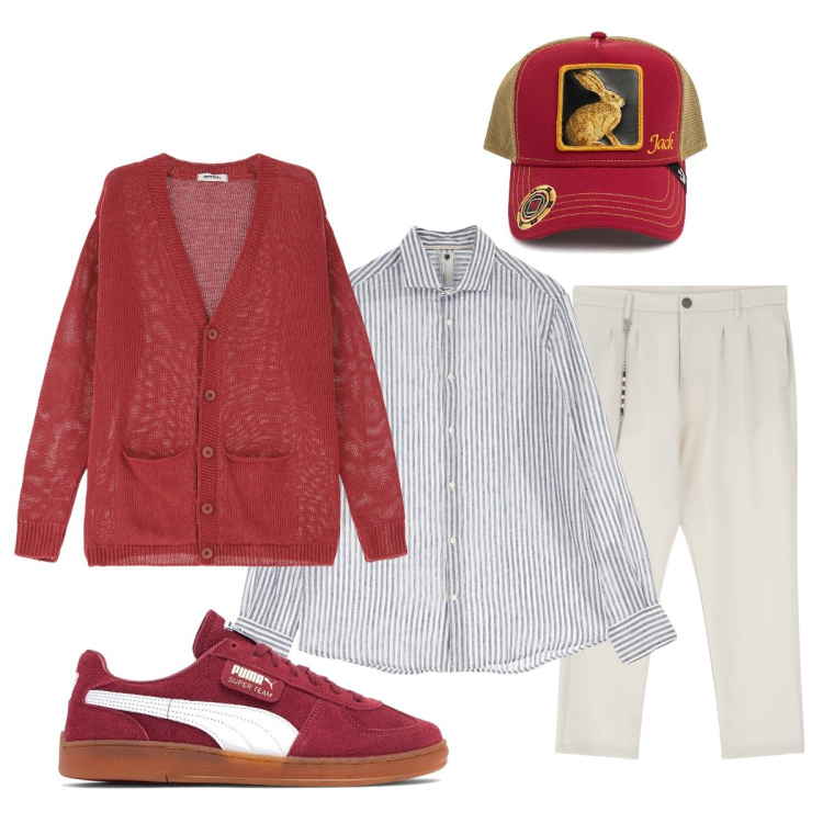 Outfit uomo - Total look #2106937. Stile Trendy per Tutti i giorni. Abbinamento con pantaloni, cardigans, camicie, cappelli con visiera, sneakers.