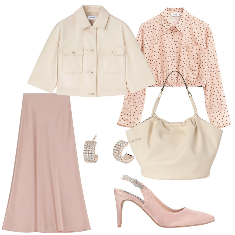 Outfit donna - Rosa e beige per un evento. Stile Vintage retrò per Cerimonia. Abbinamento con décolleté, orecchini, camicie, gonne lunghe, blazer, borse a secchiello.