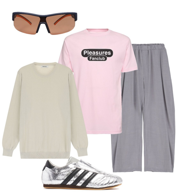 Outfit uomo - Total look #2106946. Stile Casual per Tutti i giorni. Abbinamento con occhiali da sole, maglieria, pantaloni, sneakers, t-shirt.
