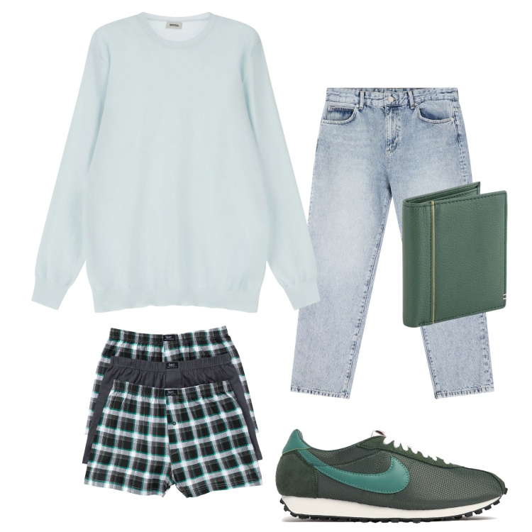 Outfit uomo - Total look #2106951. Stile Casual per Tutti i giorni. Abbinamento con boxer, maglieria, jeans dritti, sneakers, portafogli.