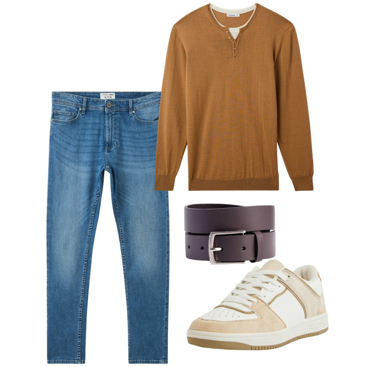 Outfit uomo - Aprile. Stile Casual per Tutti i giorni. Abbinamento con jeans skinny, sneakers, maglieria, cinture.