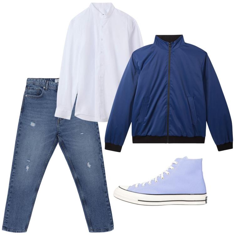 Outfit uomo - Aprile. Stile Casual per Tutti i giorni. Abbinamento con sneakers alte, giacche, jeans strappati, camicie.
