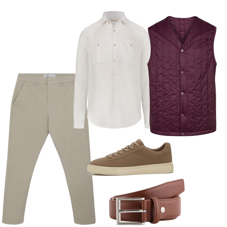 Outfit uomo - Aprile. Stile Casual per Tutti i giorni. Abbinamento con sneakers, pantaloni chino, piumini, camicie, cinture.