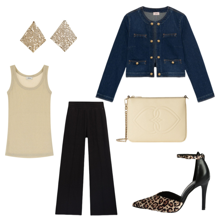 Outfit donna - Serata amiche. Abbinamento con décolleté, orecchini, canottiere, blazer, pochette, pantaloni.