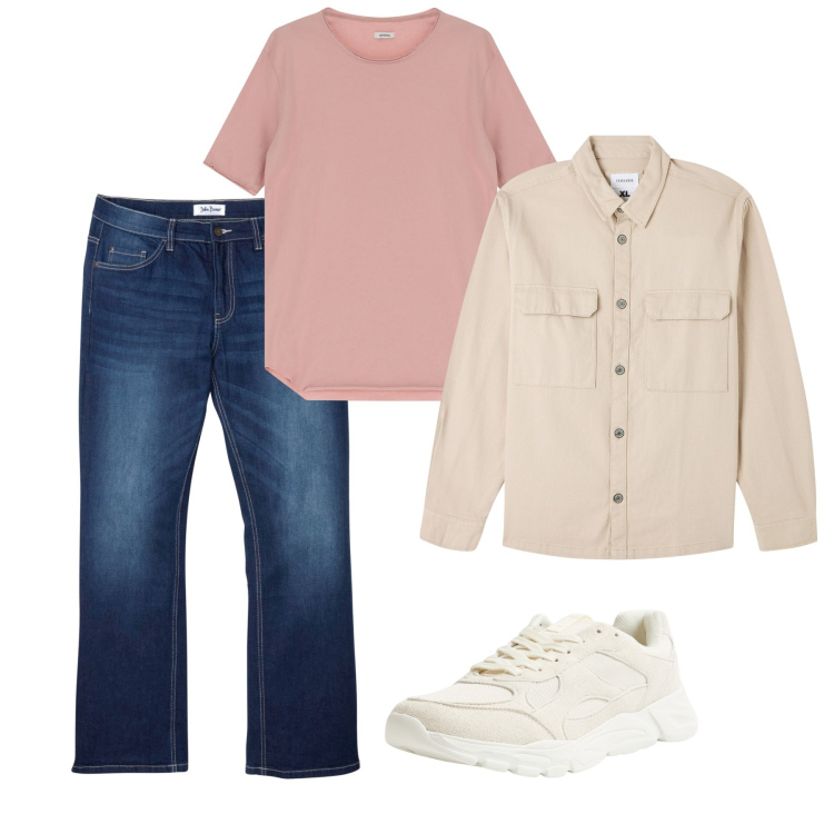 Outfit uomo - Aprile. Stile Casual per Tutti i giorni. Abbinamento con jeans bootcut, camicie, sneakers, t-shirt.
