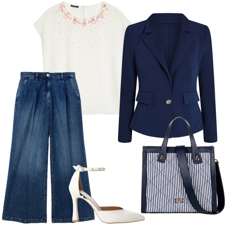 Outfit donna - Bianco e blu. Stile Casual chic per Ufficio. Abbinamento con blazer, shopping bag, décolleté, bluse, jeans.